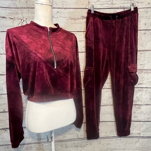 FASHION NOVA Jogger/Hoodie Set Velour Burgundy-Large - Picture 1 of 6